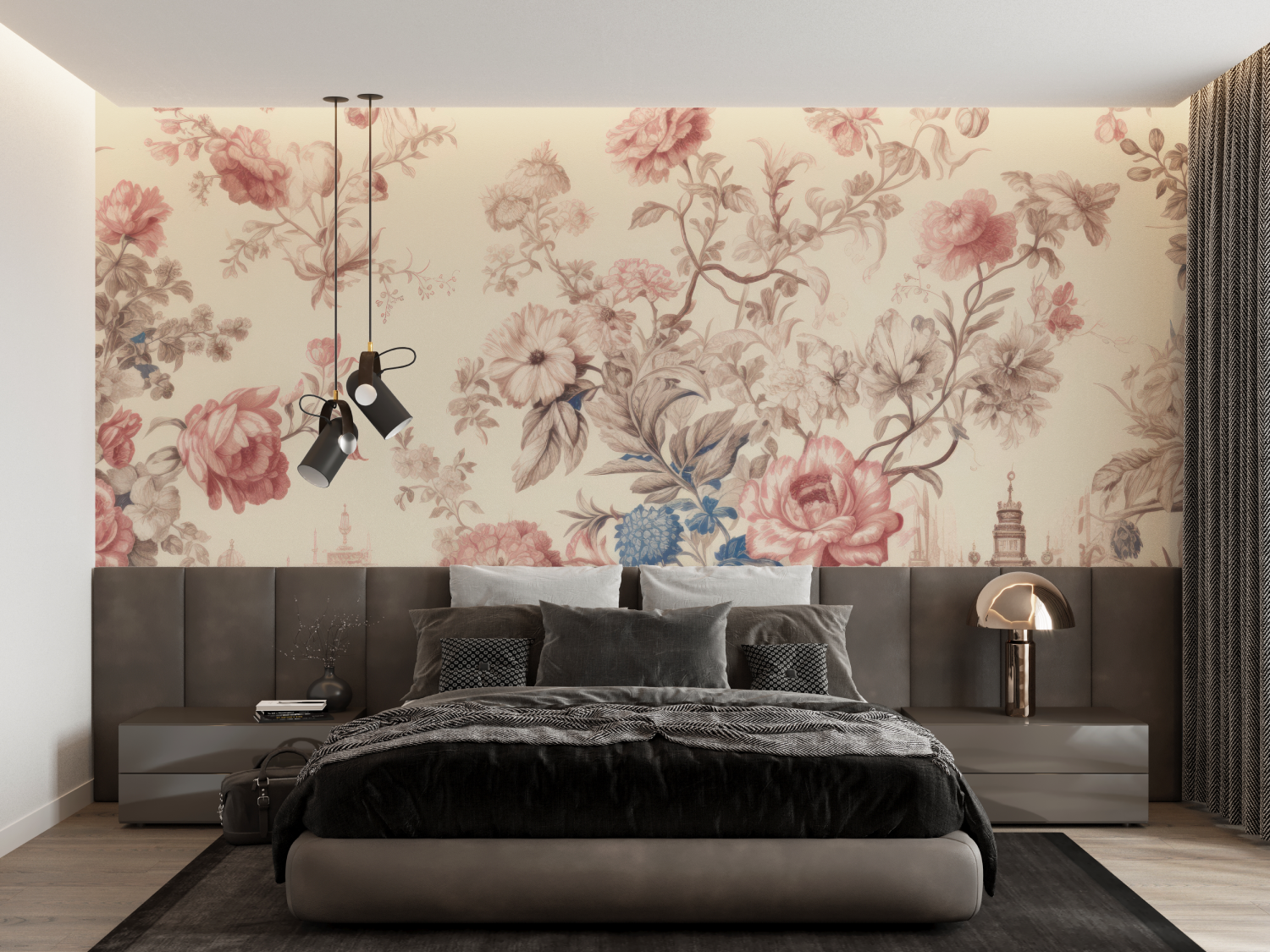 Papier Peint Toile De Jouy Bleu Rose - francais