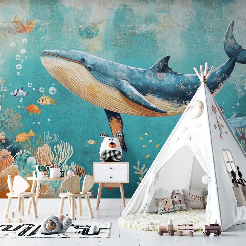 Papier peint baleine et corail chambre bebe