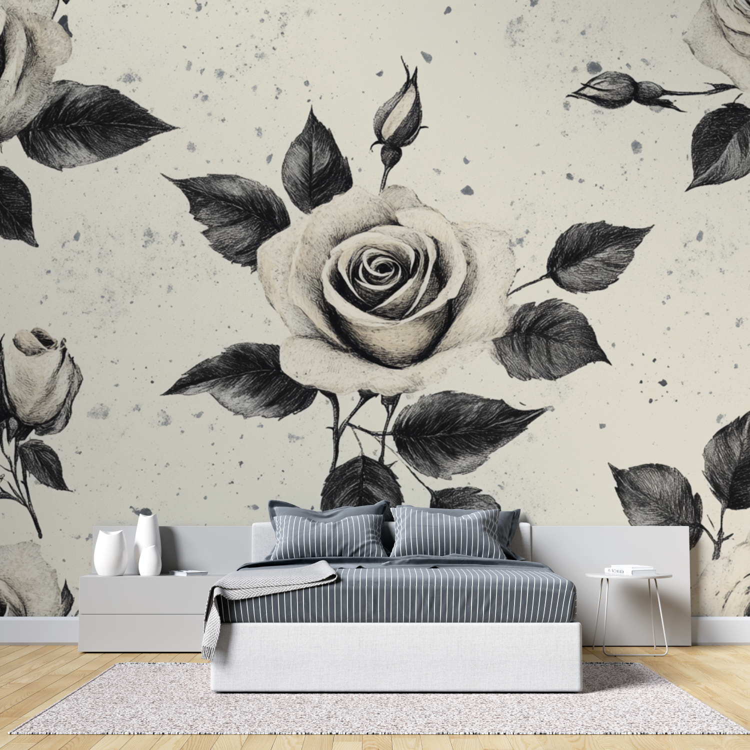 Papier peint aquarelle roses minimalistes tete de lit