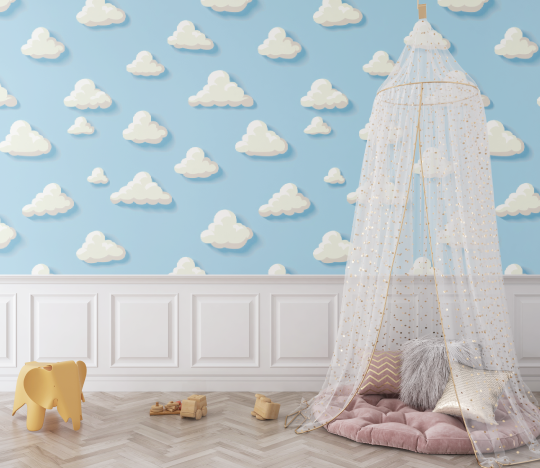 Papier peint Nuages bleu pour bébé - bebe tipi