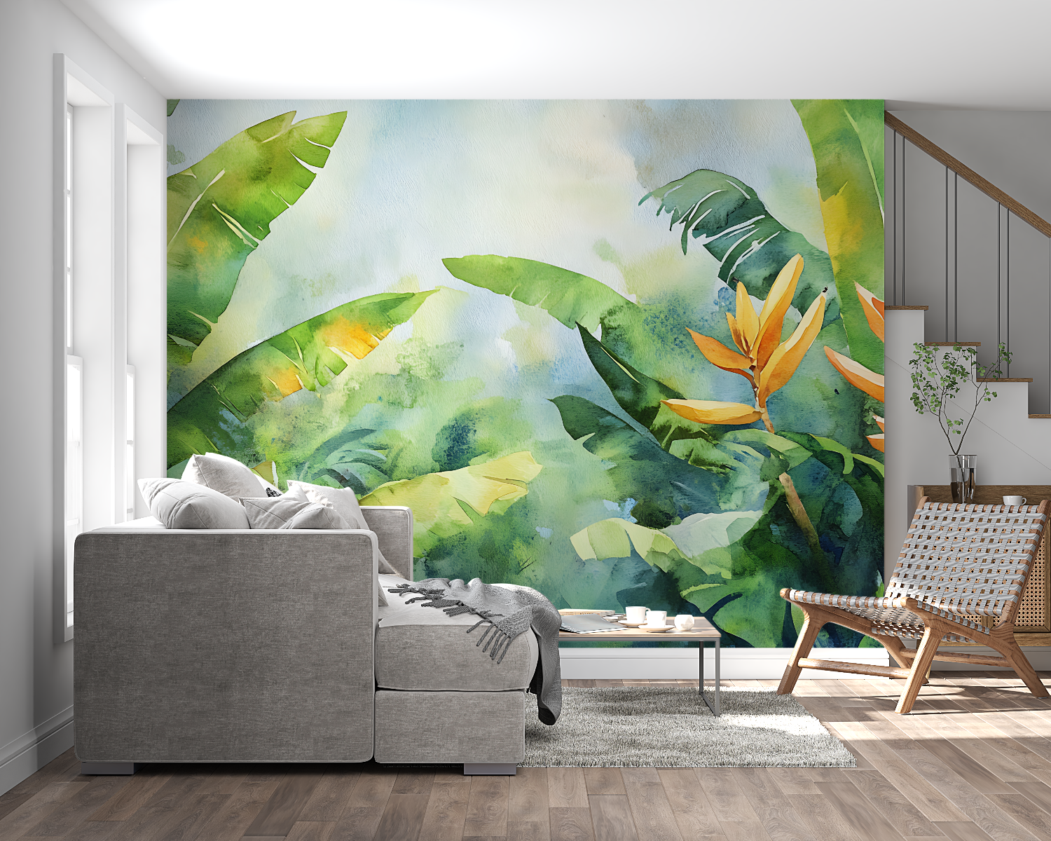 Papier peint aquarelle jungle tropicale panoramique mural