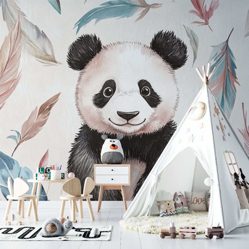 Papier peint panda et plumes bohemes chambre bebe