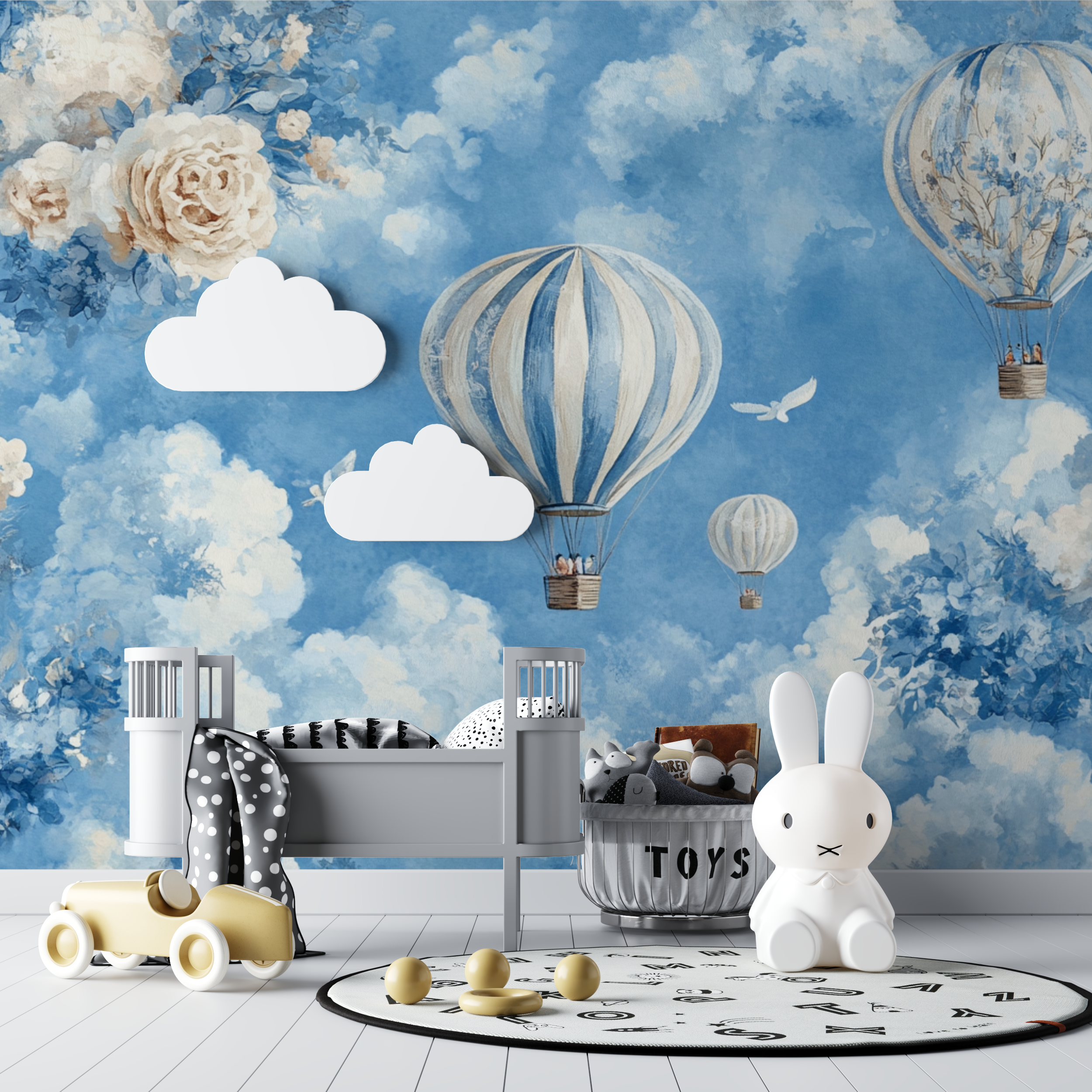 Papier peint montgolfiere et nu... forme de fleurs bebe tipi