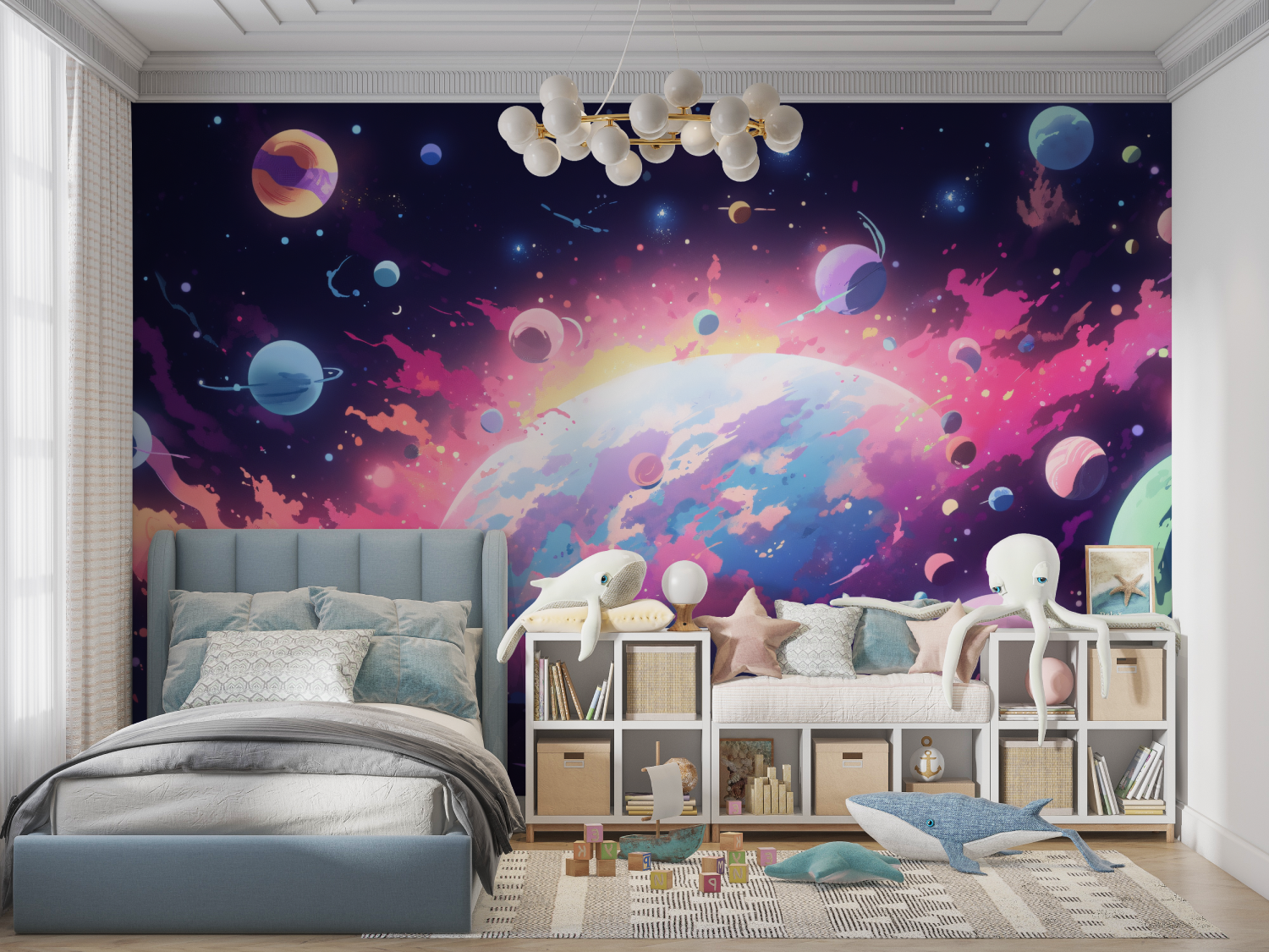 Papier peint murale nebuleuse et planetes panoramique garcon