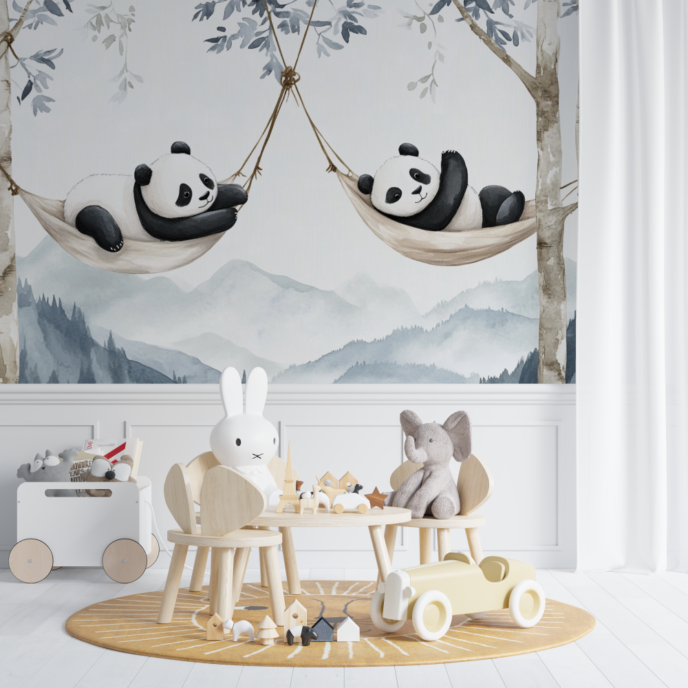 Papier peint panoramique panda bleu et hamac chambre de bebe