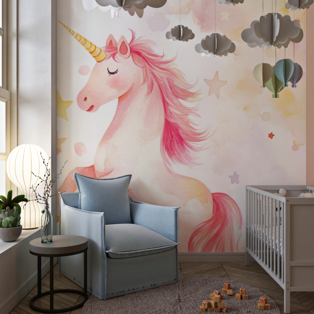 Papier peint poster licorne jaune solaire chambre de fille