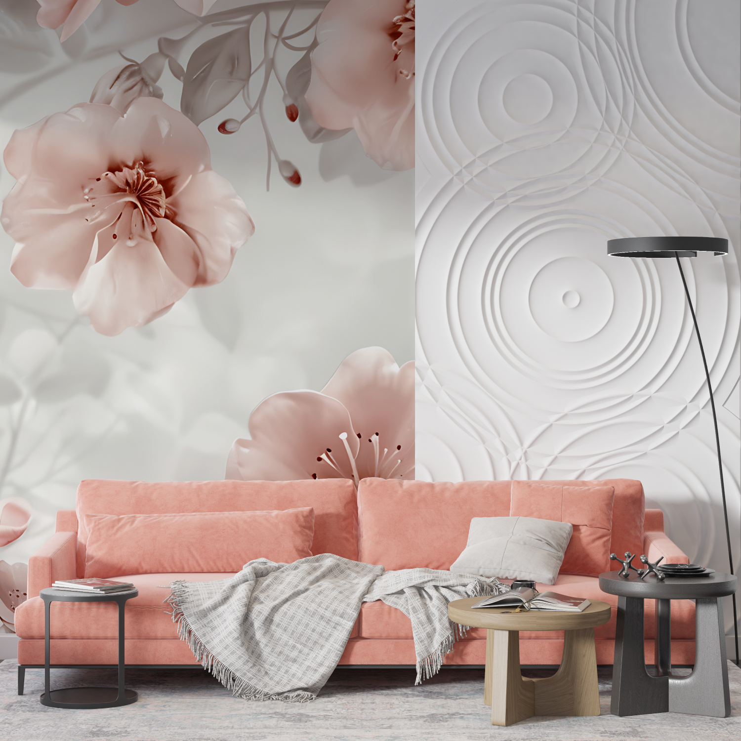 Papier Peint Fleur Rose Et Gris Vintage - imprimé