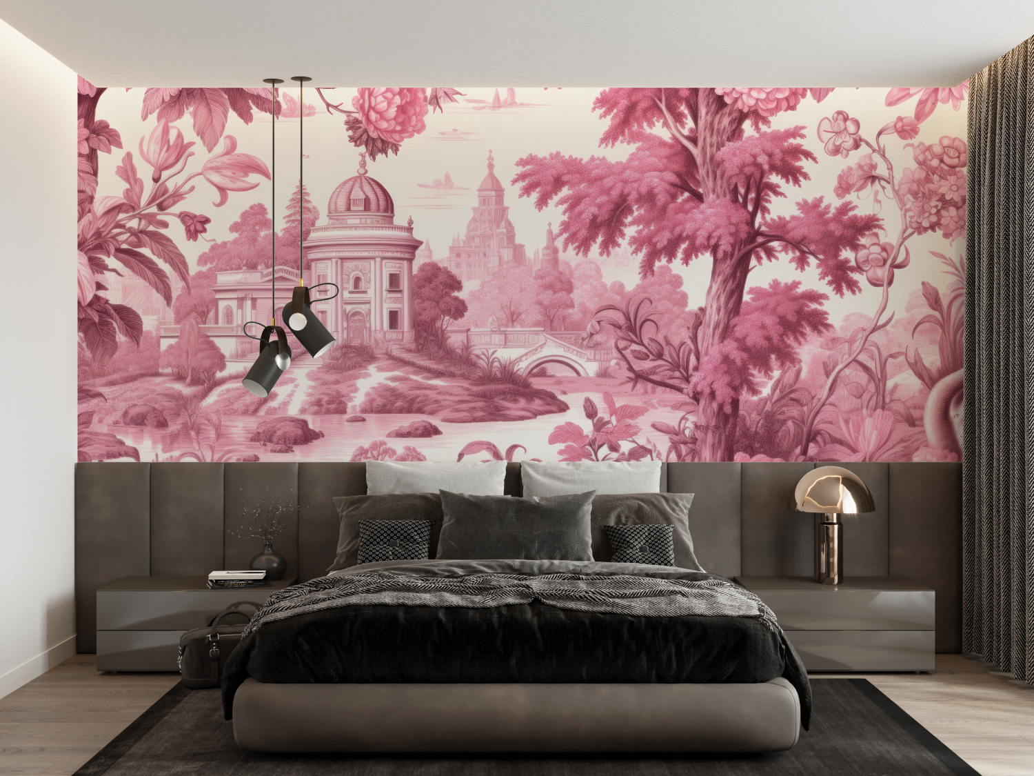 Papier Peint Toile De Jouy Rose Vif - panoramique-mur