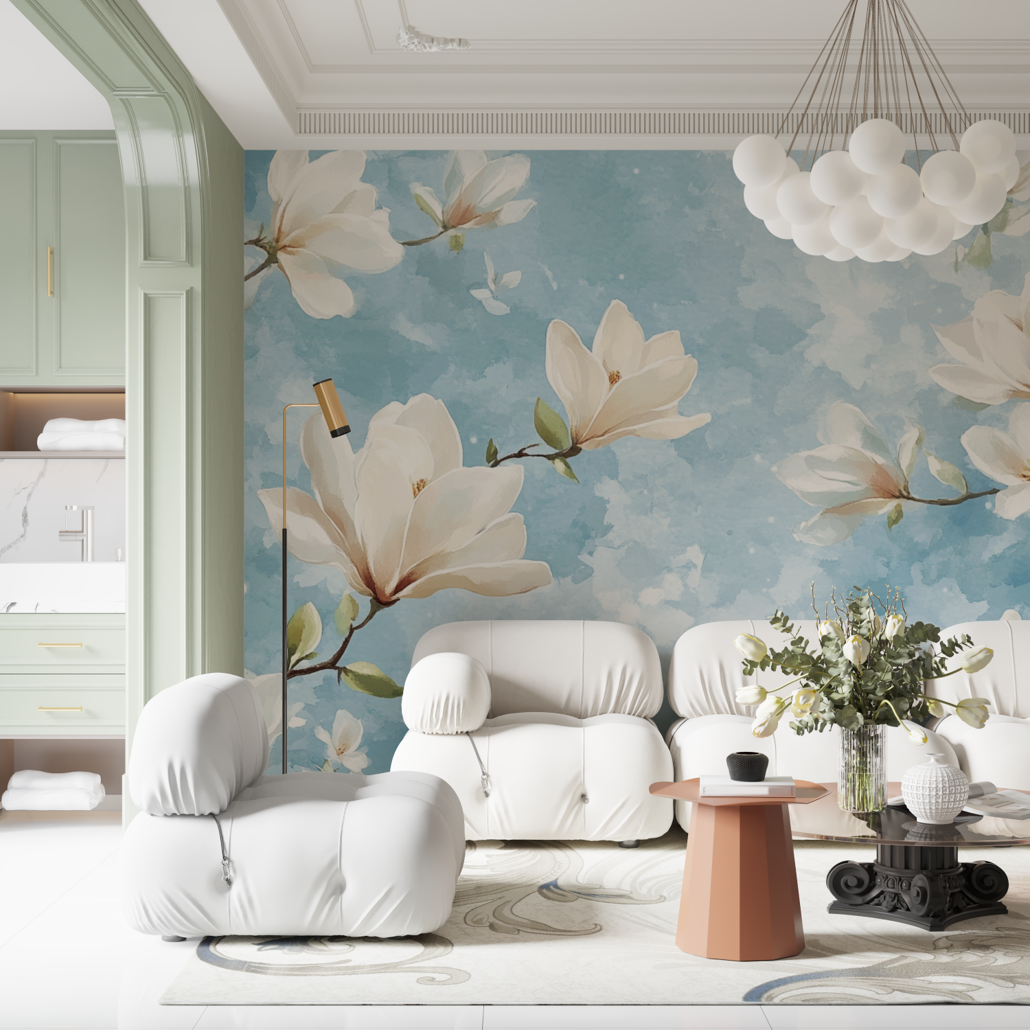 Papier peint aquarelle magnolia en fleurs contemporain
