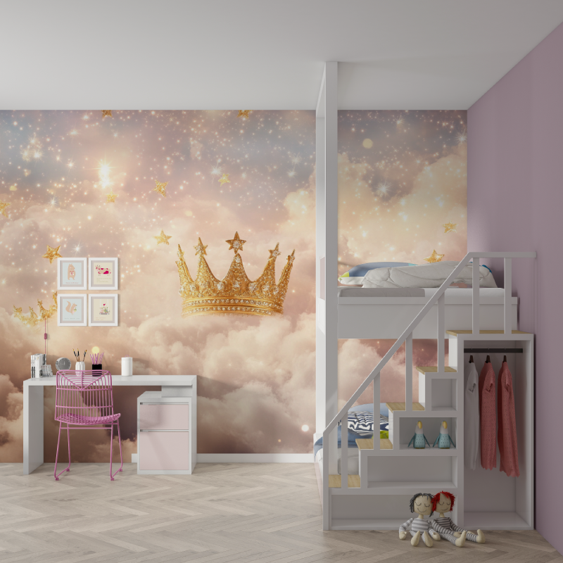 Papier peint princesse couronne magique mur chambre fille