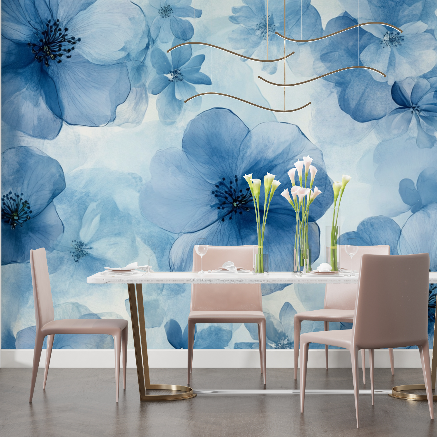 Papier peint aquarelle fleurs bleues translucides salon