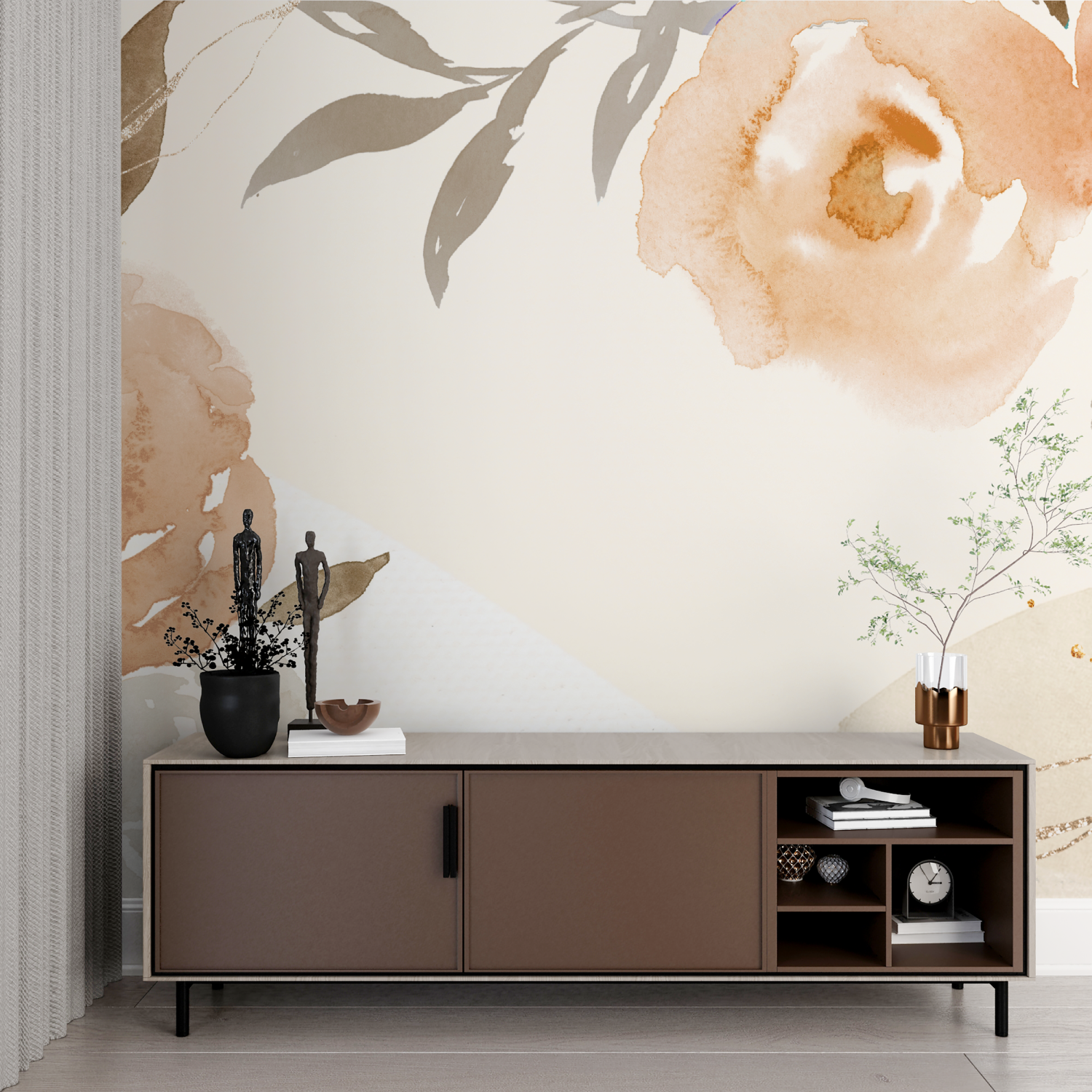 Papier peint aquarelle fleurs beiges imprime