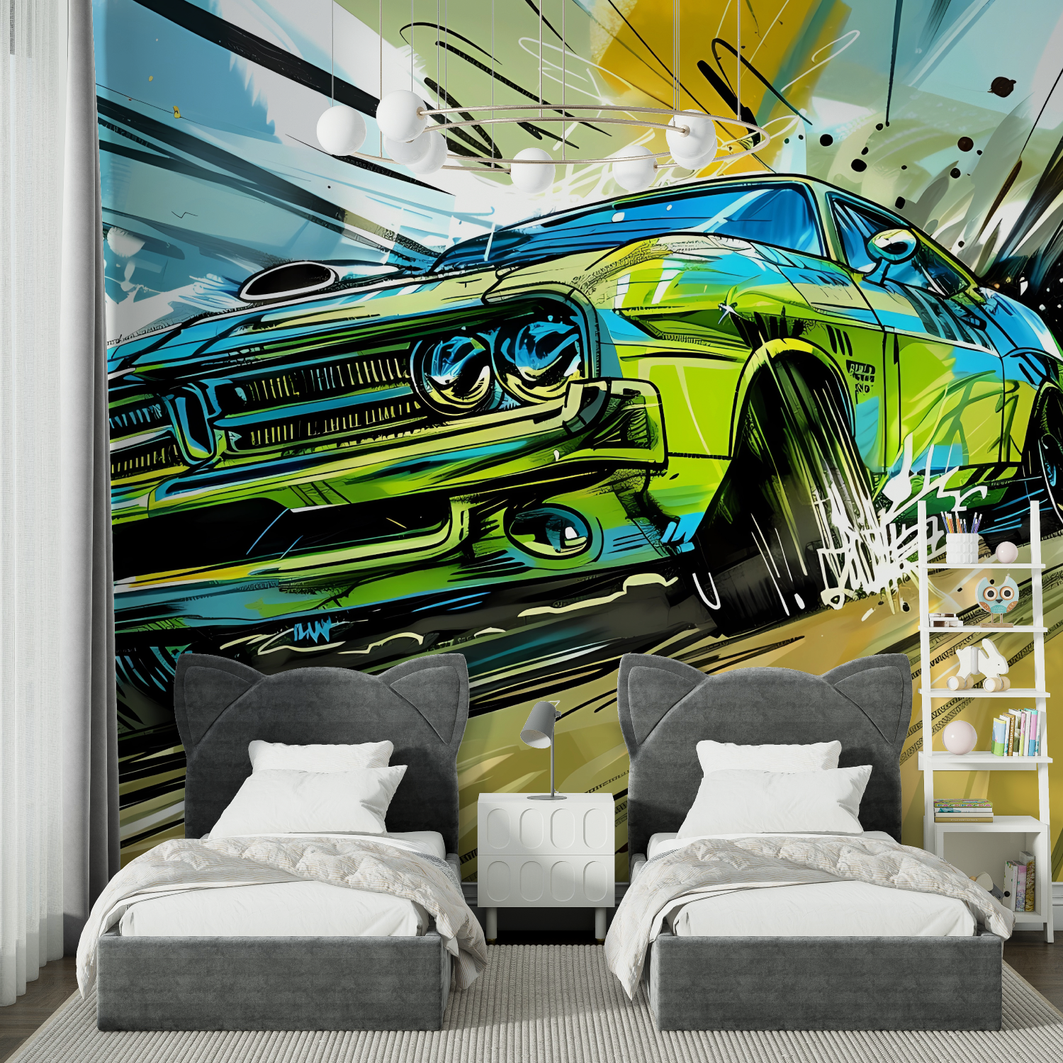 Papier peint poster geant voiture verte chambre spiderman