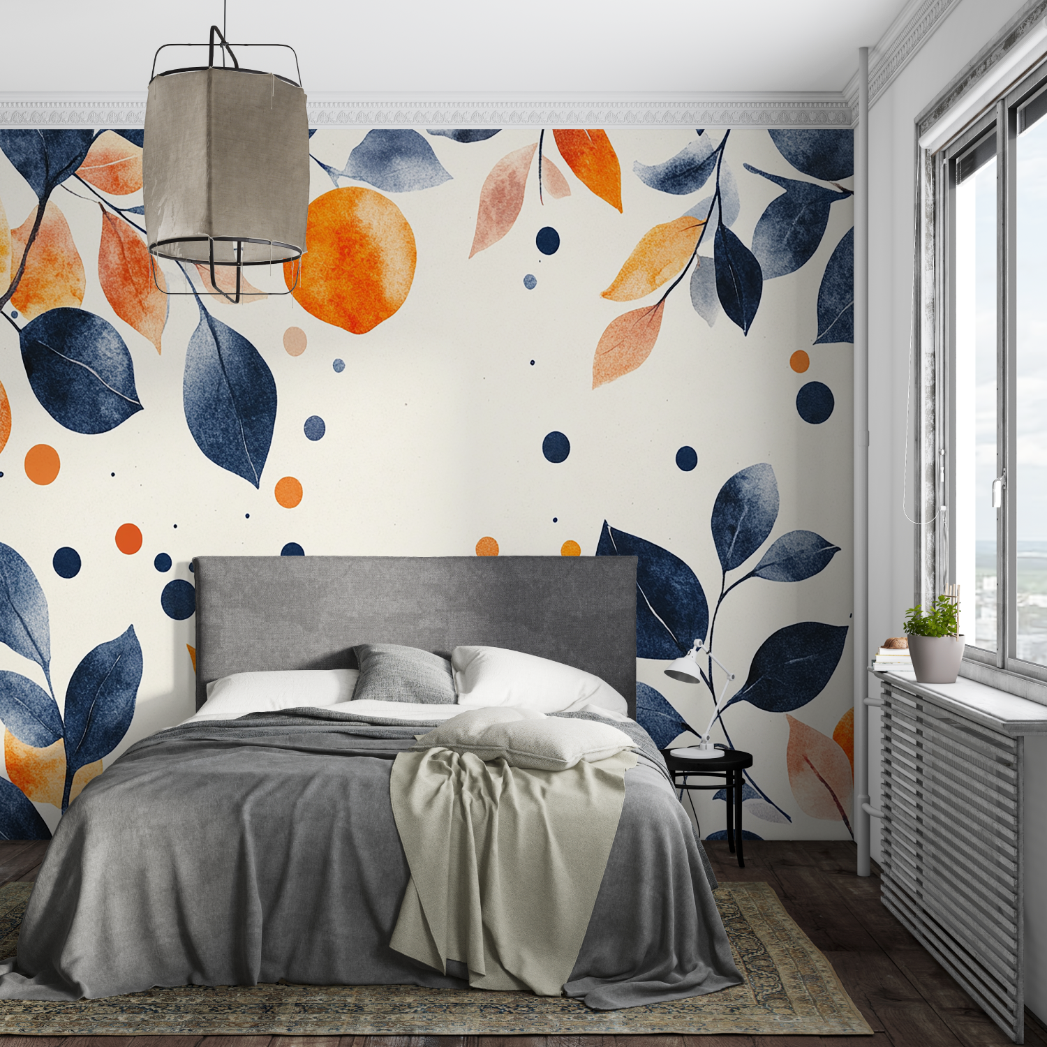 Papier Peint Bleu Fleurs Et Orange - leroy merlin