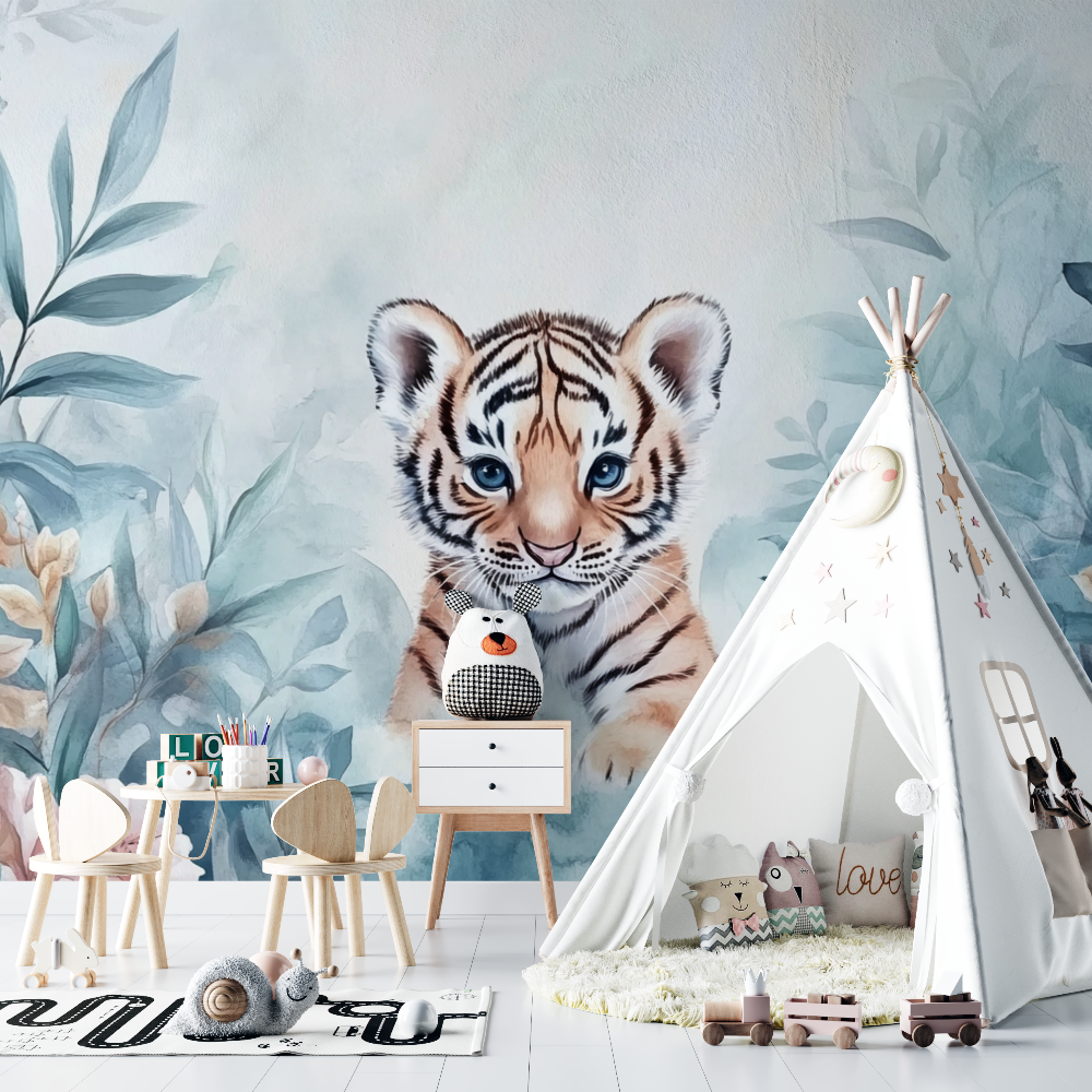 Papier peint tigre et foret enchantee chambre bebe