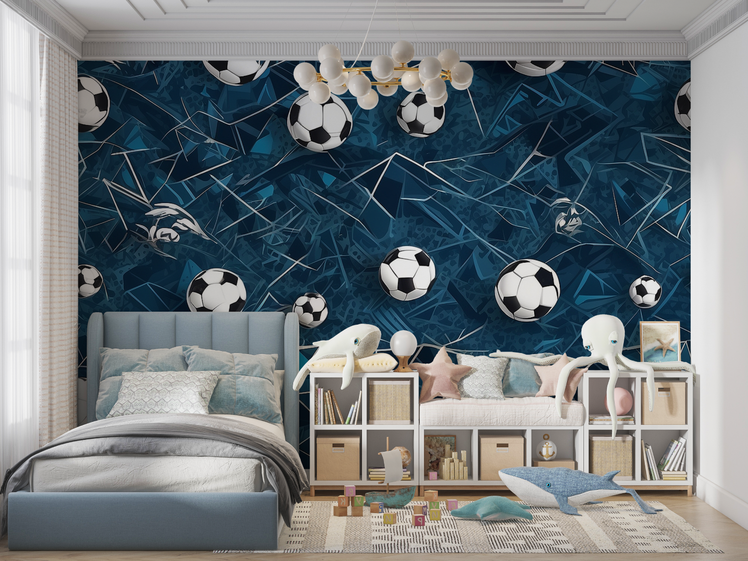 Papiers peint bleu ballon de foot panoramique garcon