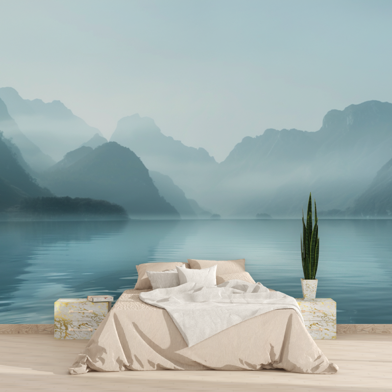 Papier peint sur mesure montagne lac brume tapisserie 2025