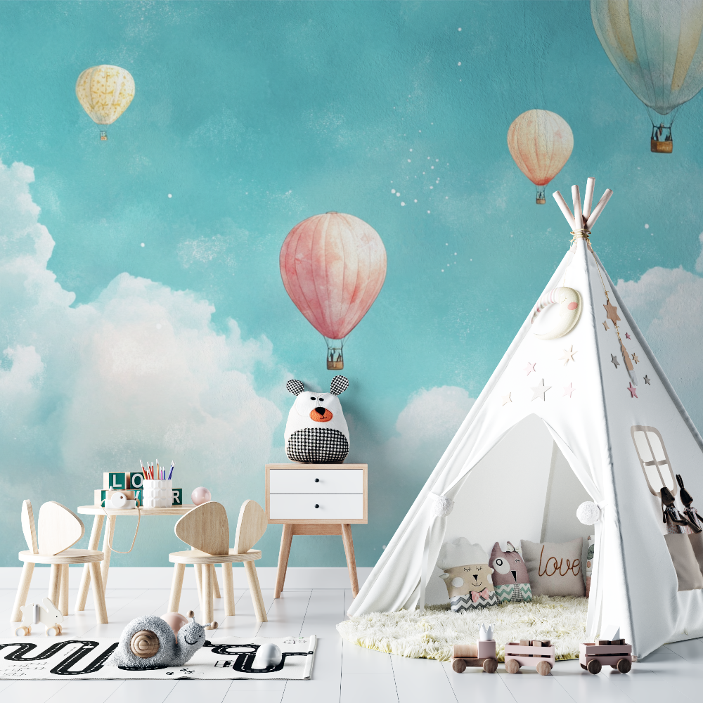 Papier peint montgolfiere et ciel turquoise chambre bebe