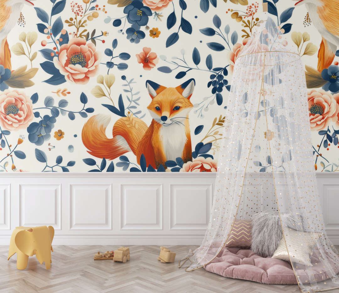 Papier peint renard floral vintage bebe