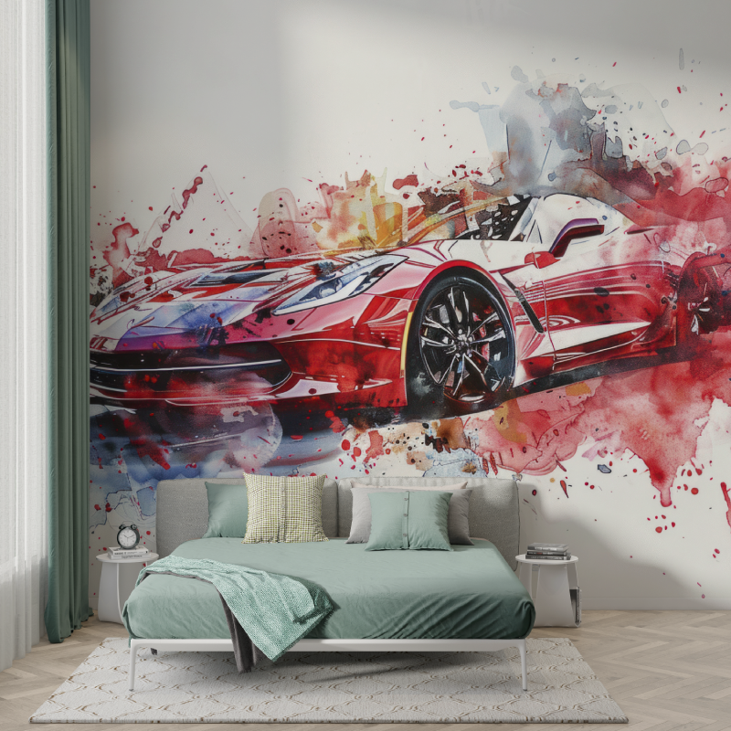 Papier peint voiture sport rouge aquarelle murs