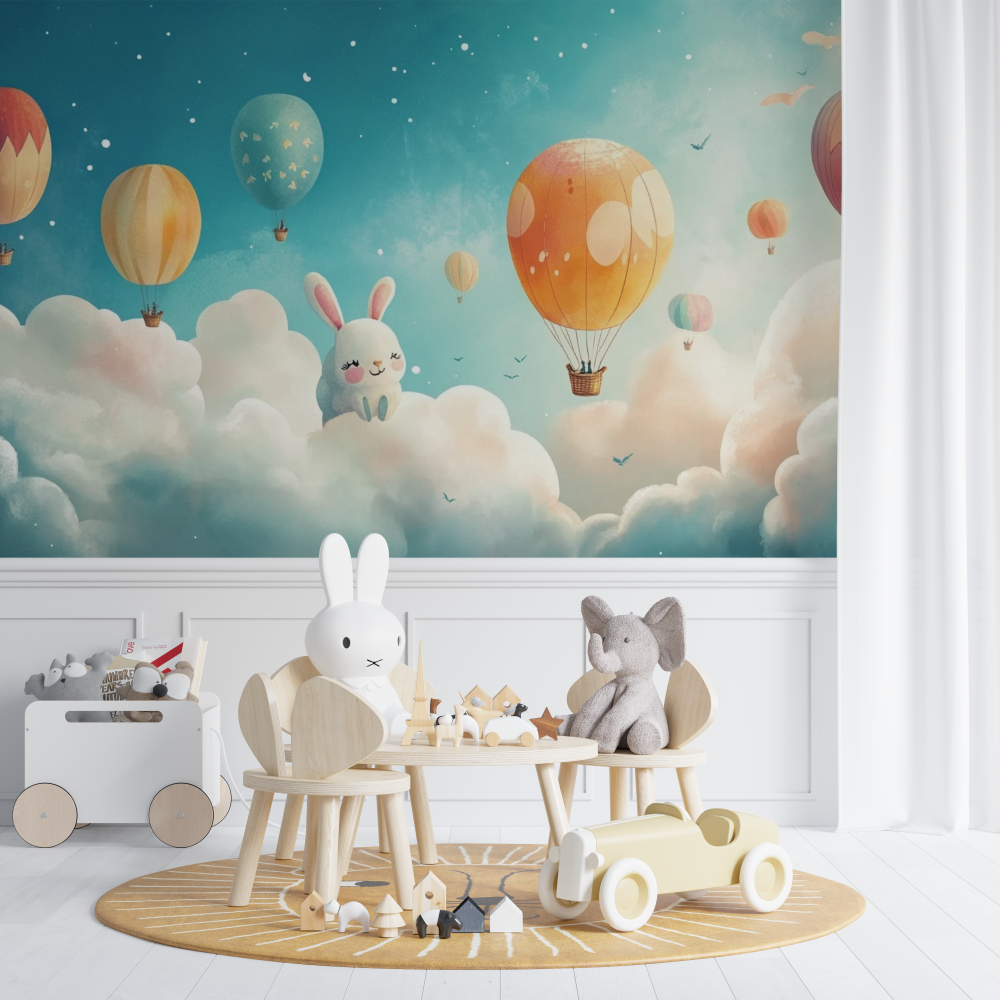 Papier peint montgolfiere et nu...e danimaux chambre de bebe