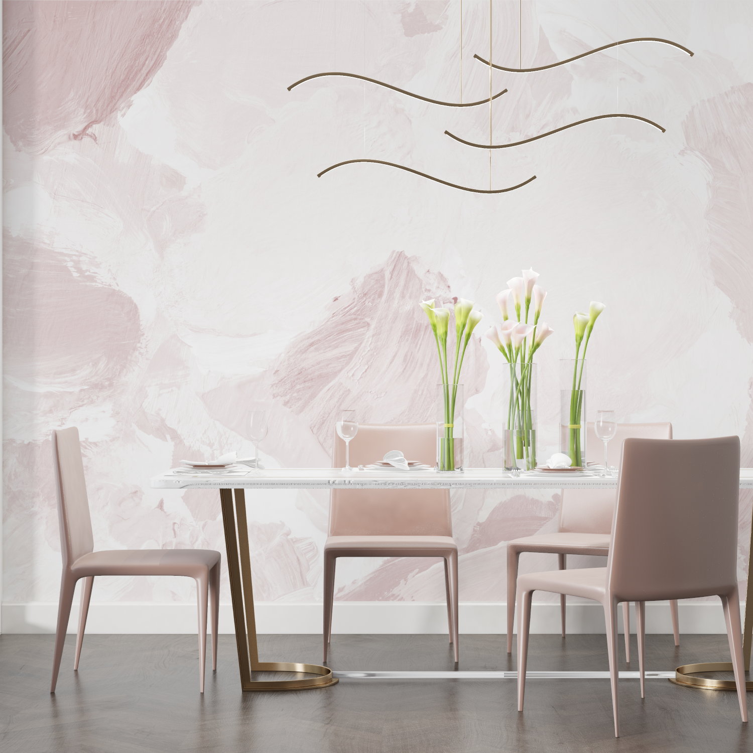 Papier peint aquarelle rose poudre salon