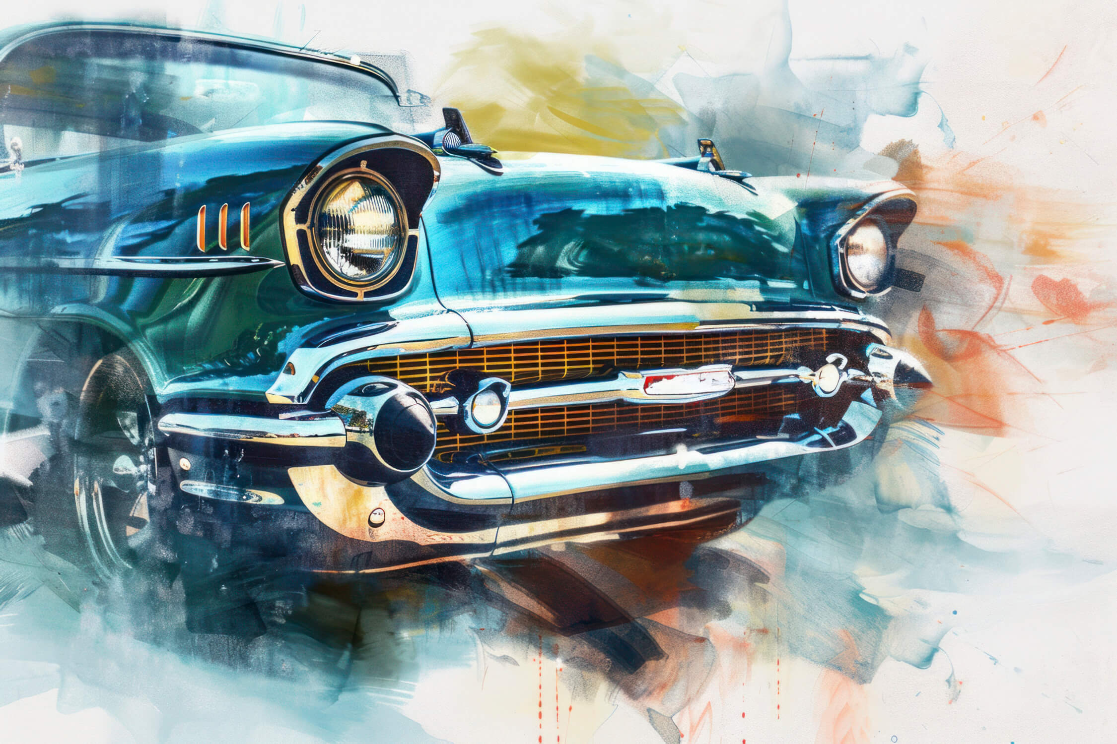 Papier Peint Panoramique Voiture Ancienne Aquarelle