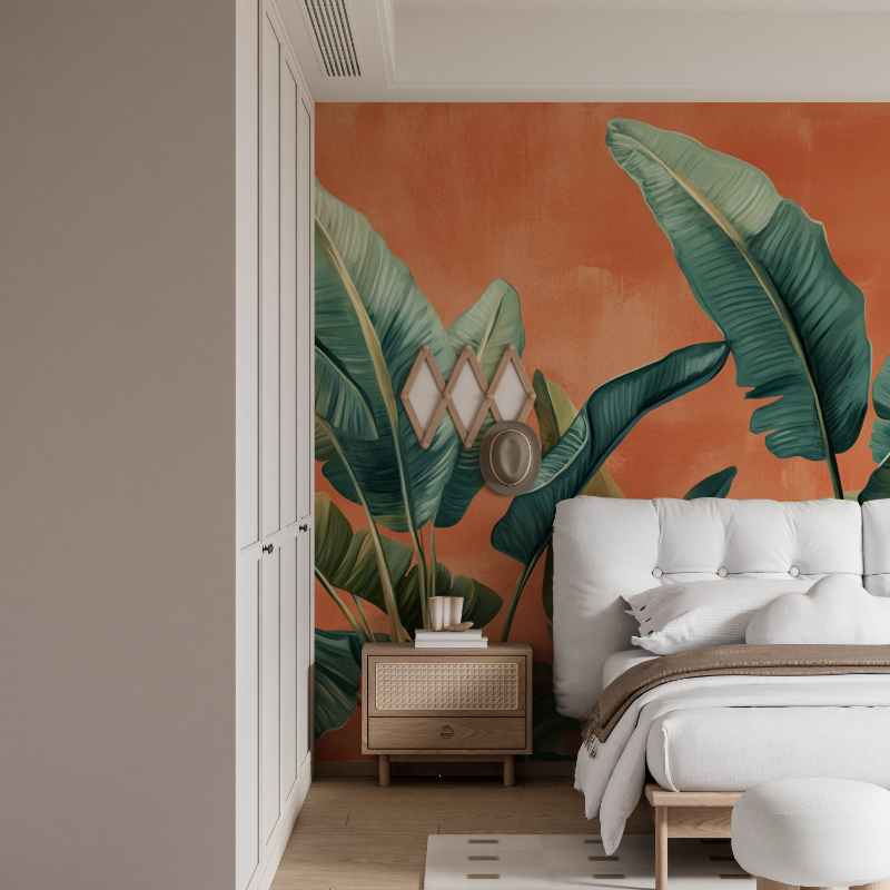 Papier peint terracotta avec feuilles de bananier mural