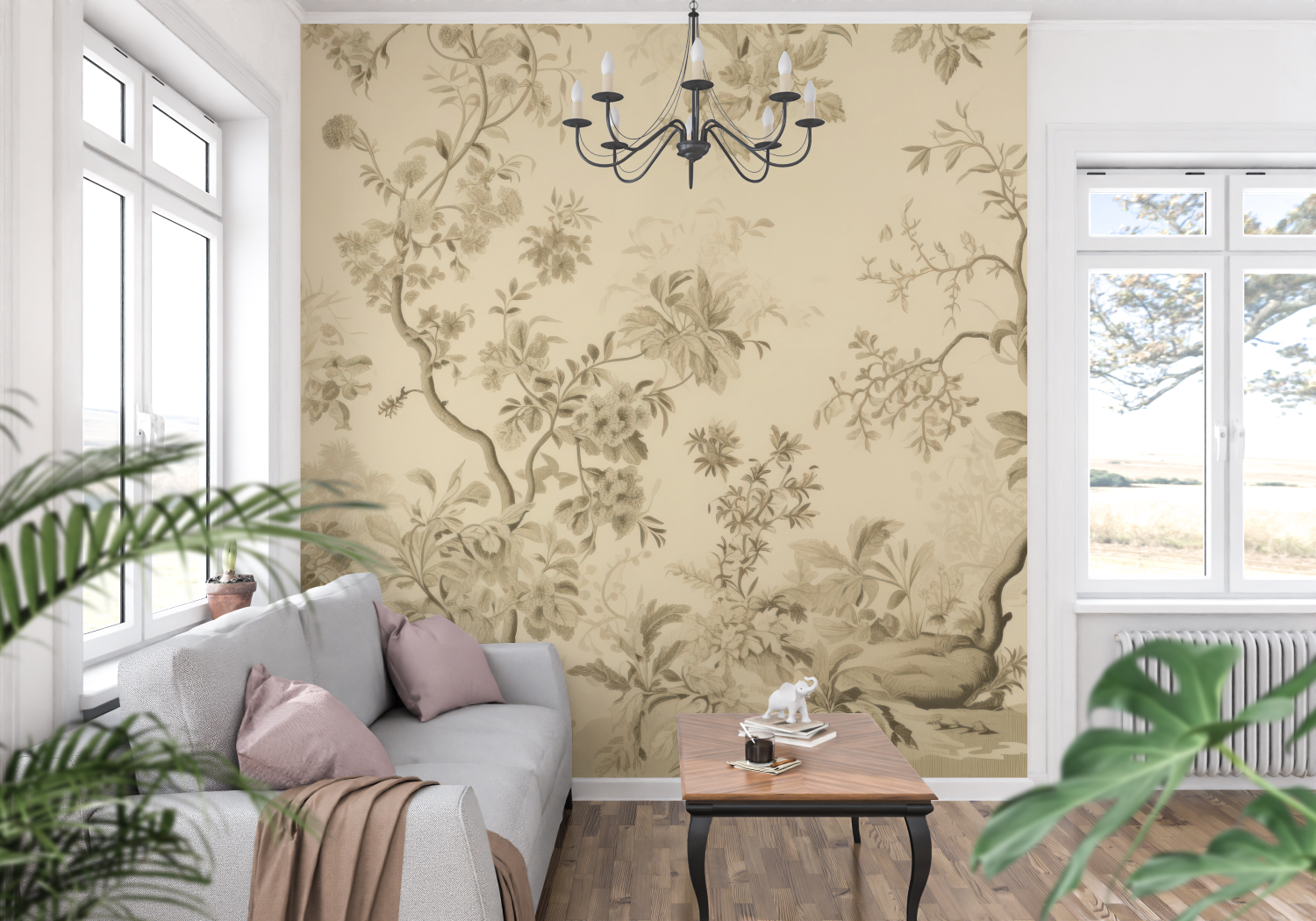 Papier Peint Toile De Jouy Beige Fleuri - francais