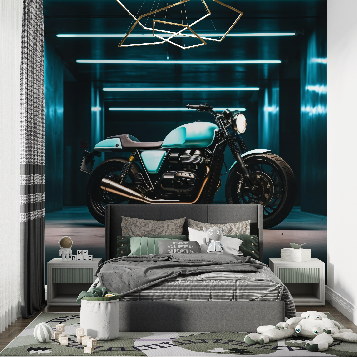 Papier peint moto ton bleu chambre de garcon