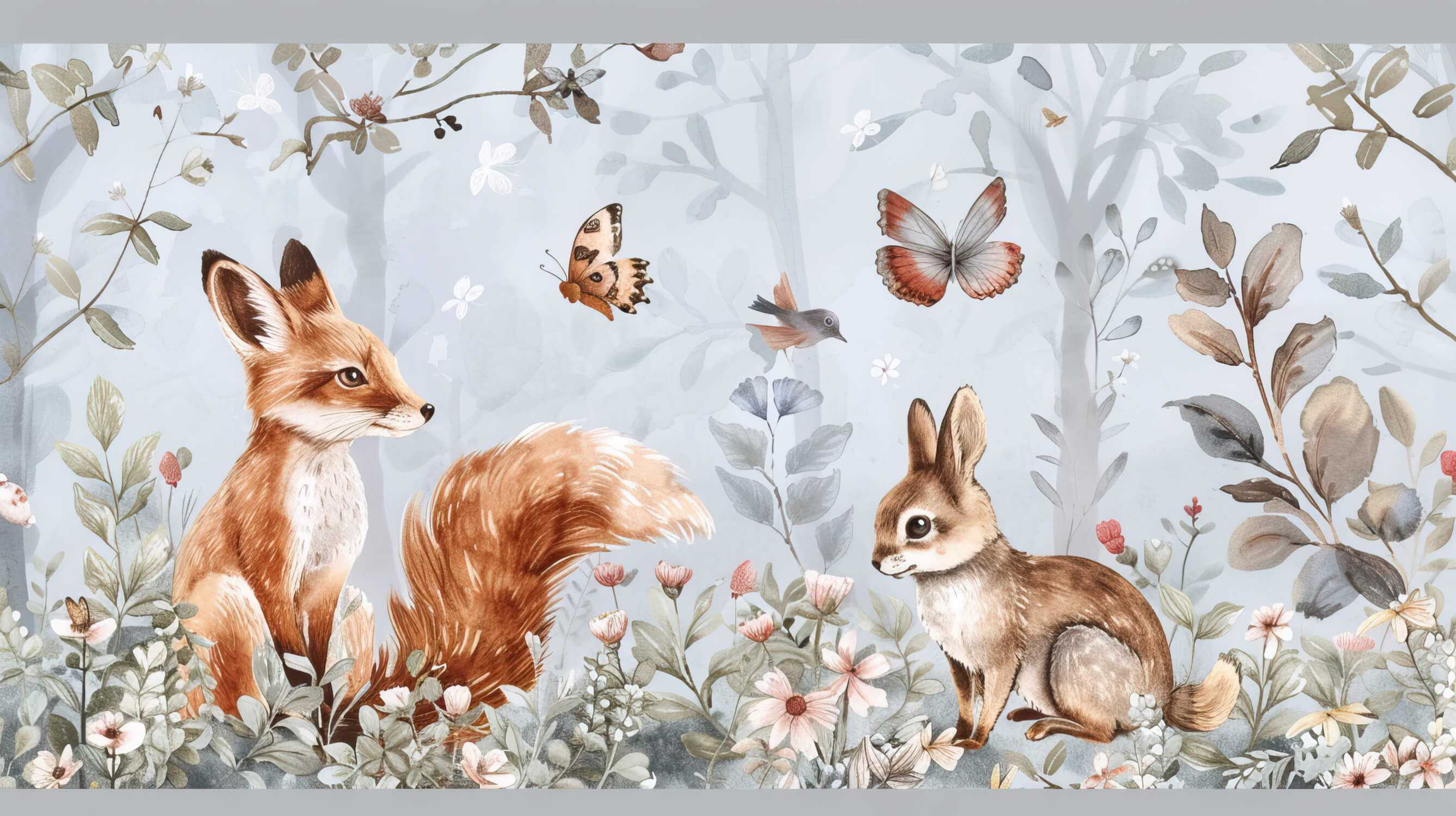 Papier Peint Panoramique Renard Fleurs