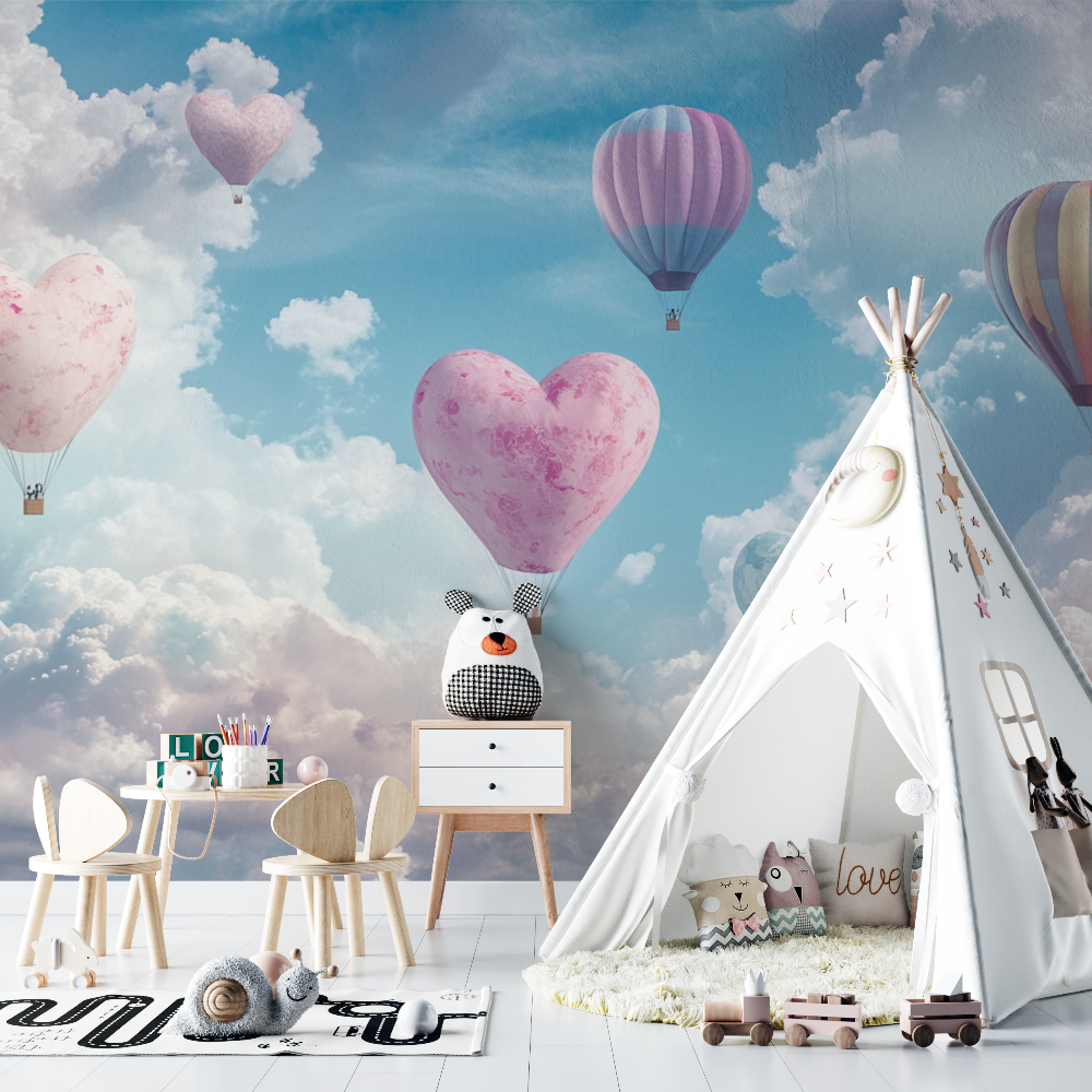 Papier peint montgolfiere et nu... forme de cur chambre bebe