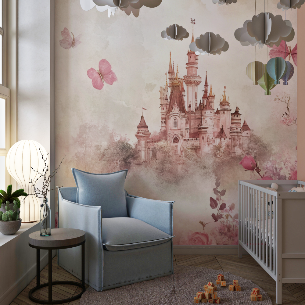 Papier peint princesse chateau et fleurs chambre de fille
