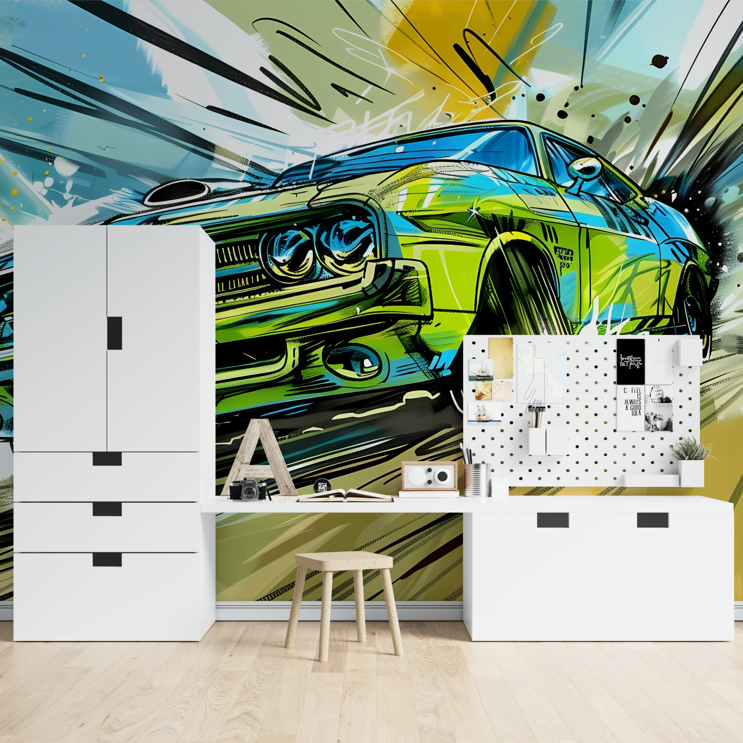 Papier peint poster geant voiture verte tapisserie spiderman