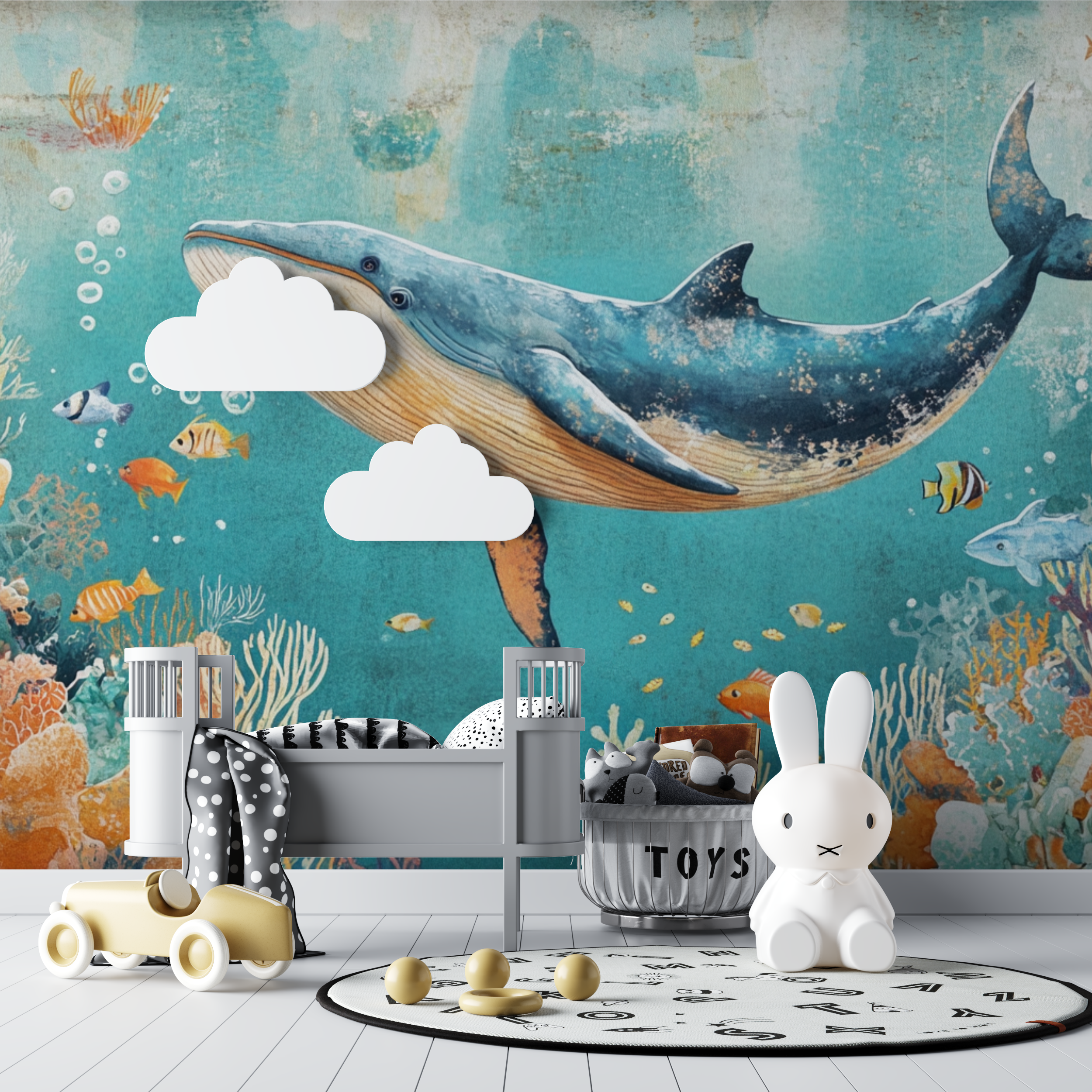 Papier peint baleine et corail bebe tipi