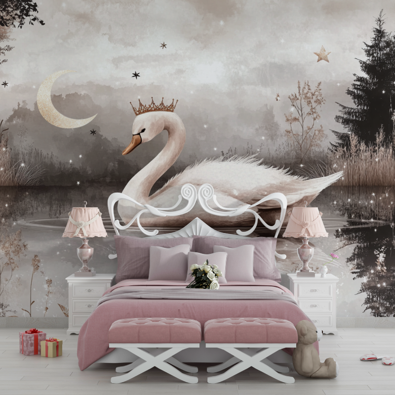 Papier peint princesse cygne rose gris chambre filles