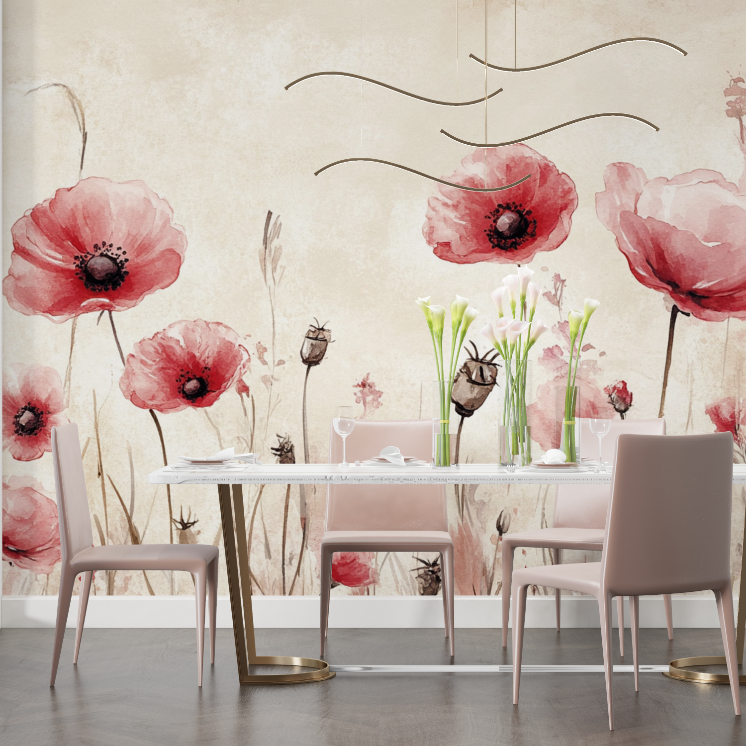 Papier peint aquarelle fleurs roses peintes salon