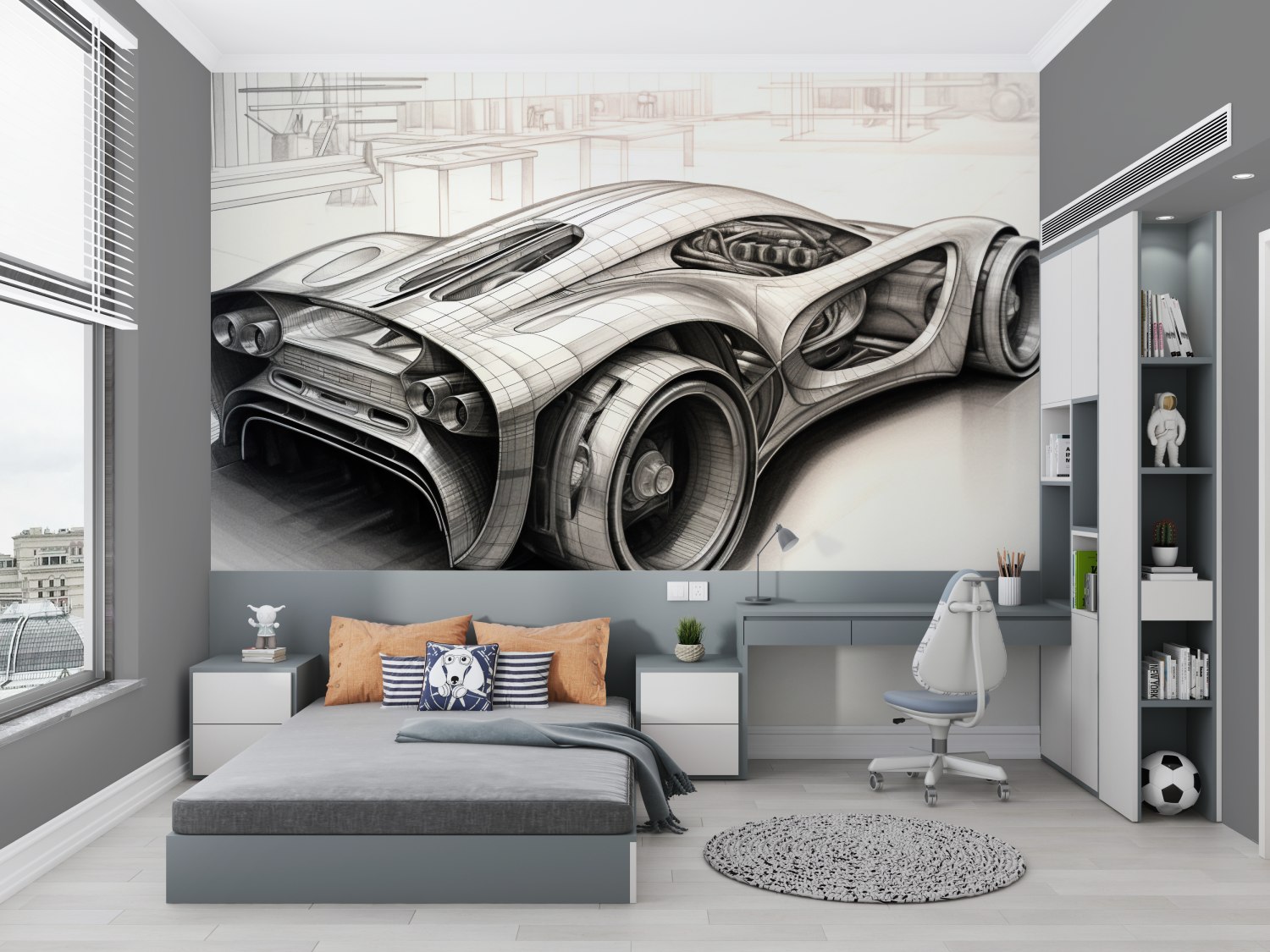 Papier peint dessin technique voiture chambre petit