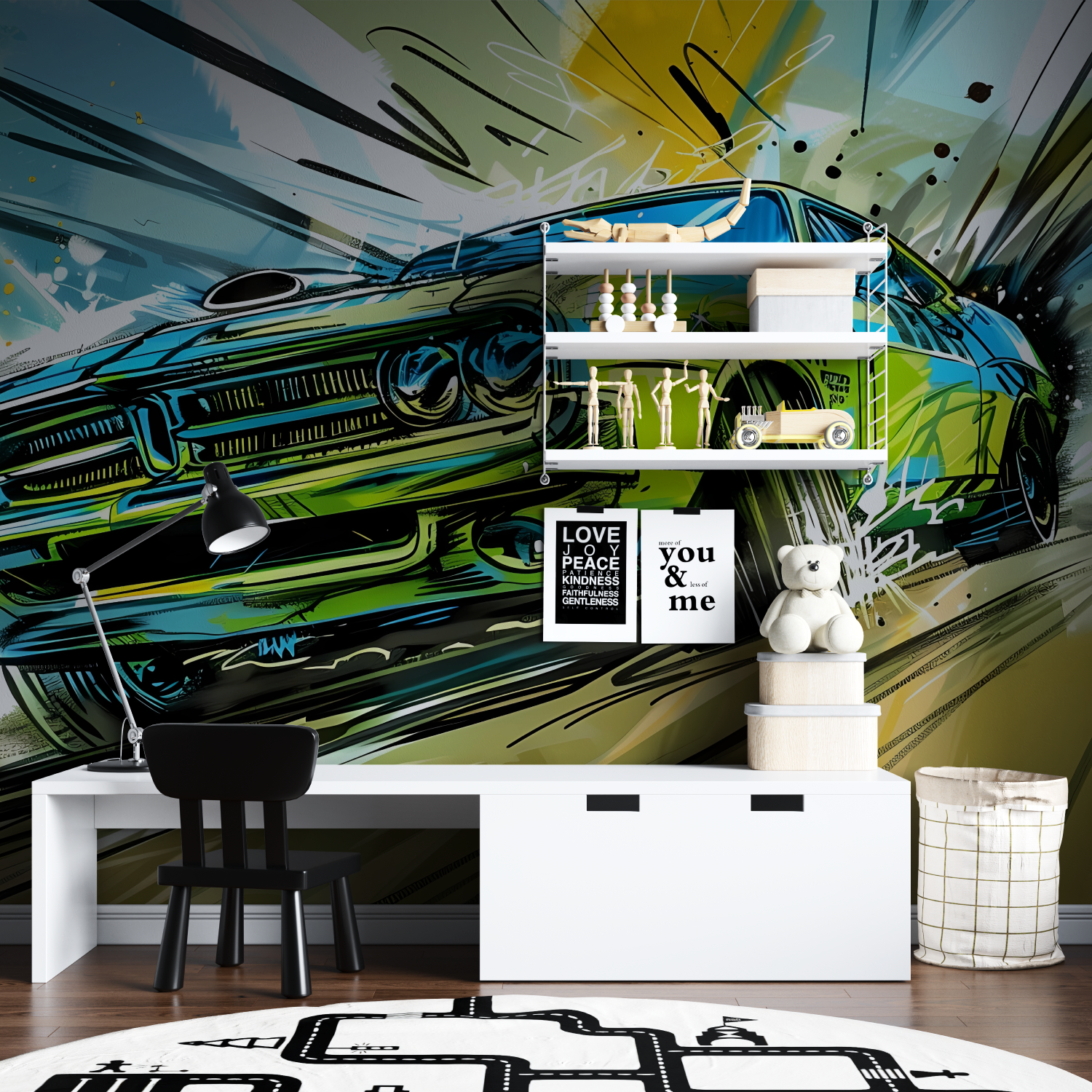 Papier peint poster geant voiture verte tapisserie garcon