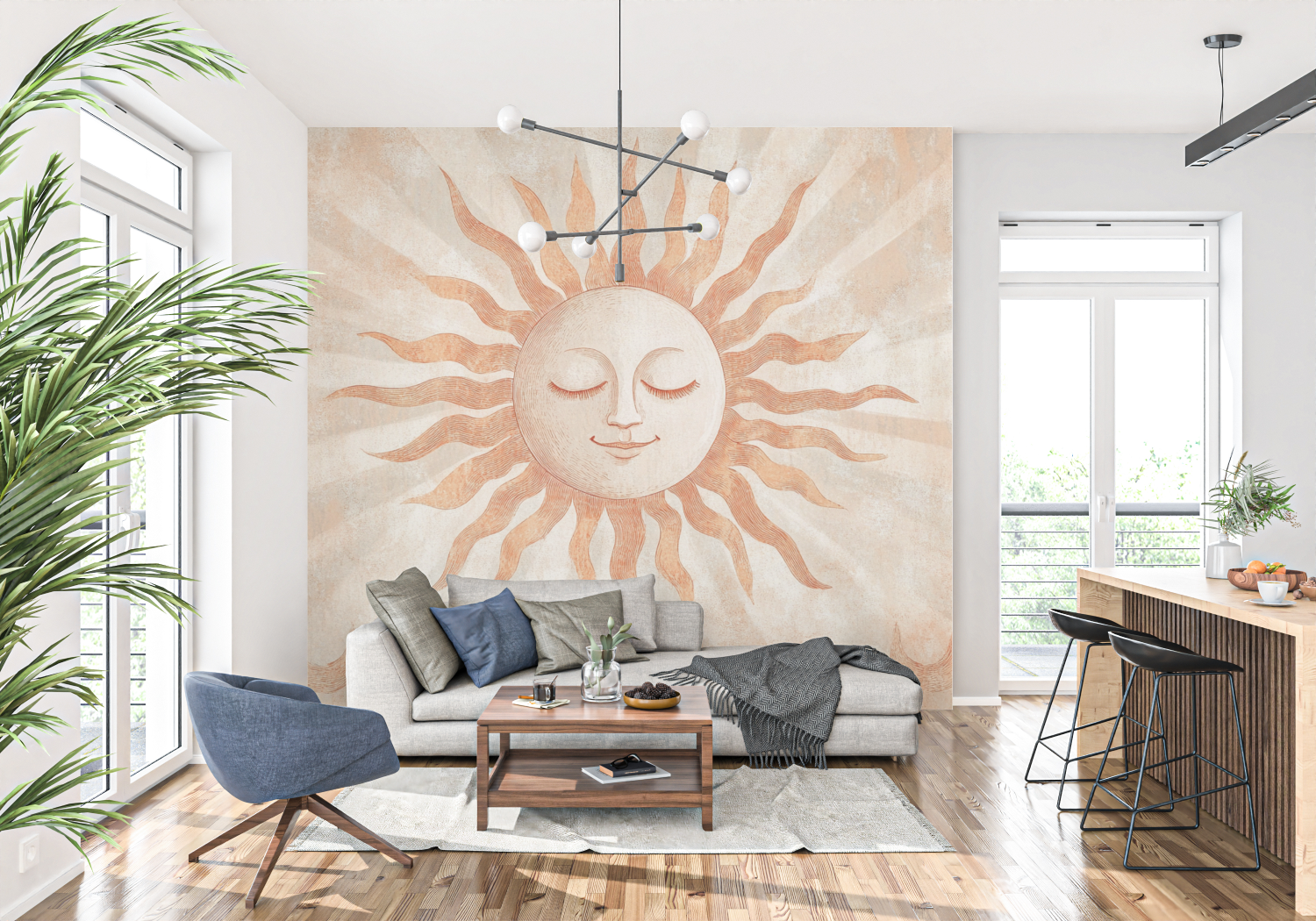 Papier peint terracotta avec soleil graphique tapisserie