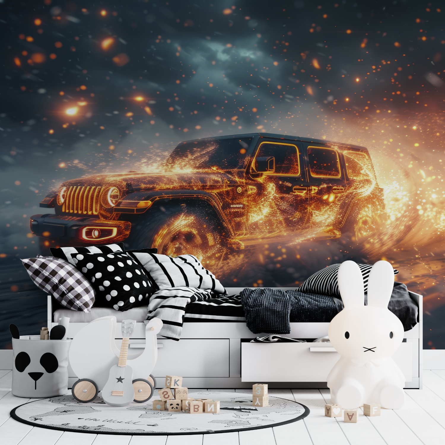 Papier peint voiture en feu tapisserie ado