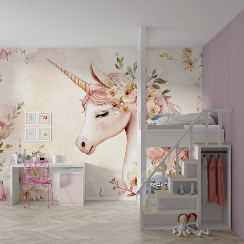 Papier peint deco licorne chamb...en fleur mur chambre fille
