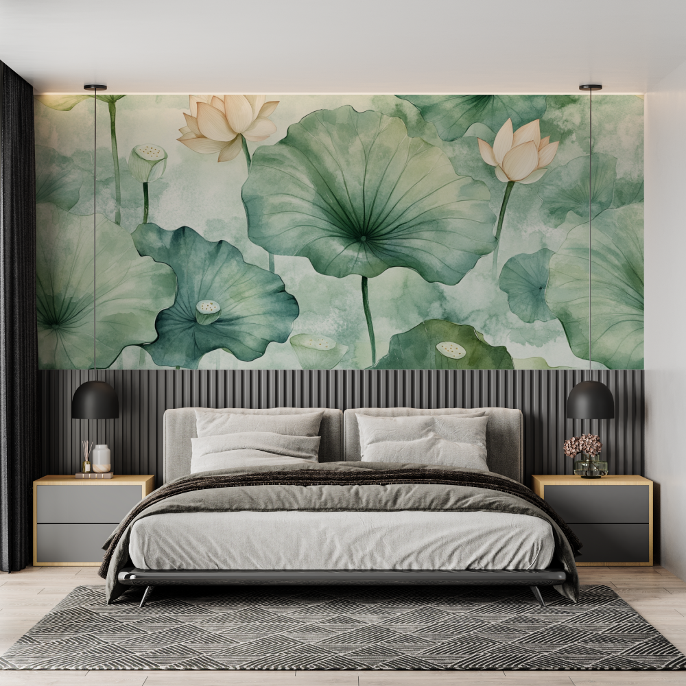 Papier peint aquarelle feuilles...otus pastel chambre adulte