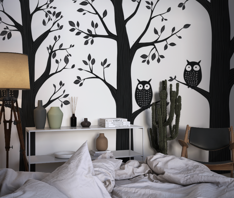 Papier peint arbre noir et blan...ant chouette chambre dado1