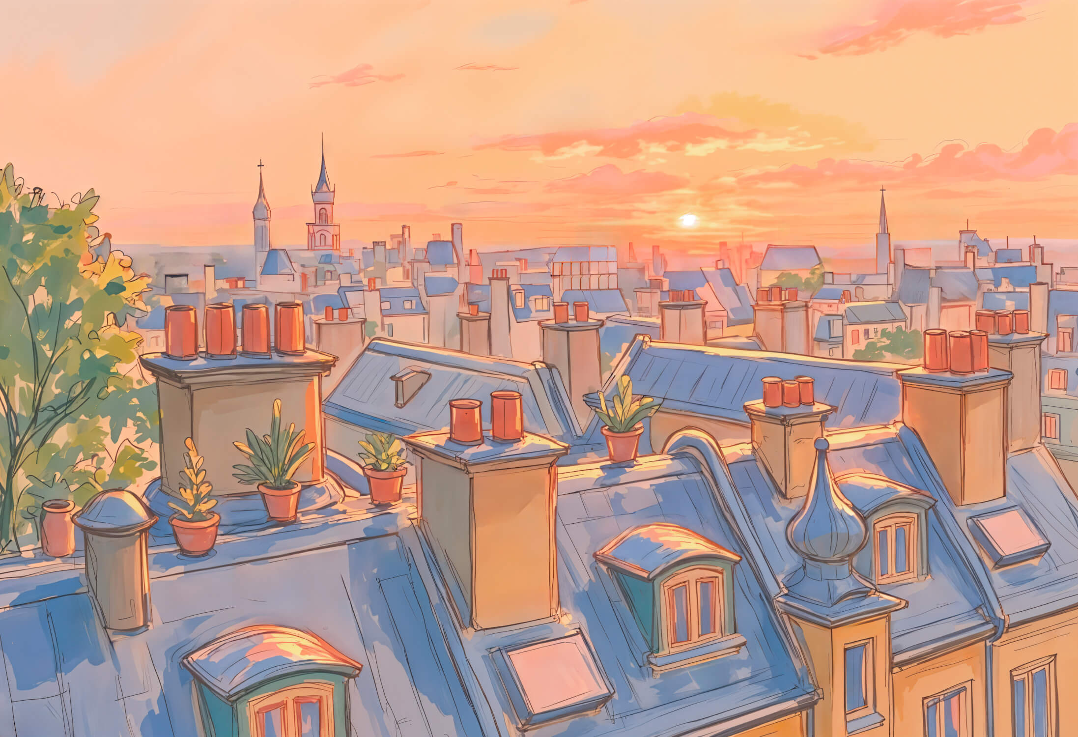 Papier Peint Aquarelle Toits De Paris