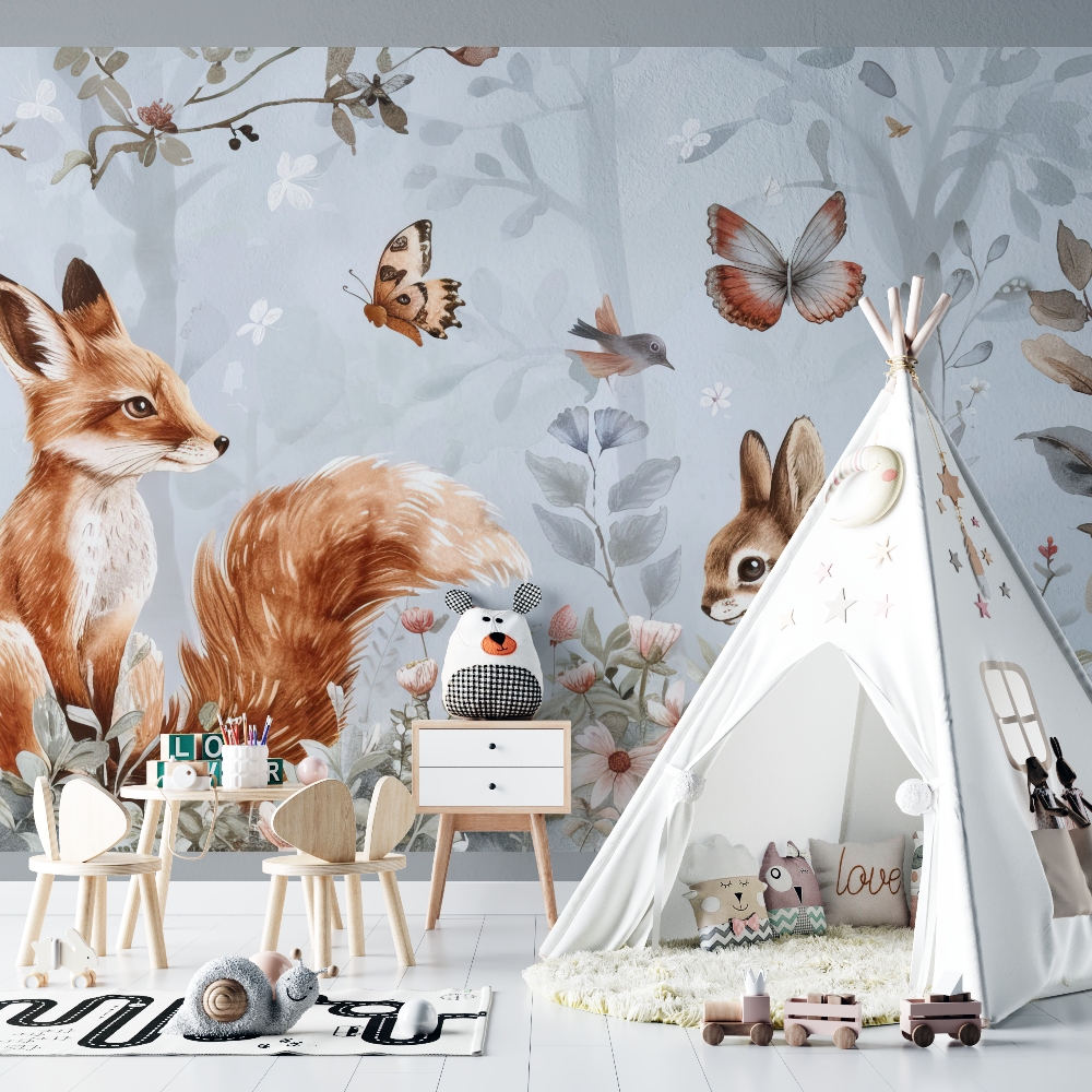 Papier peint panoramique renard fleurs chambre bebe