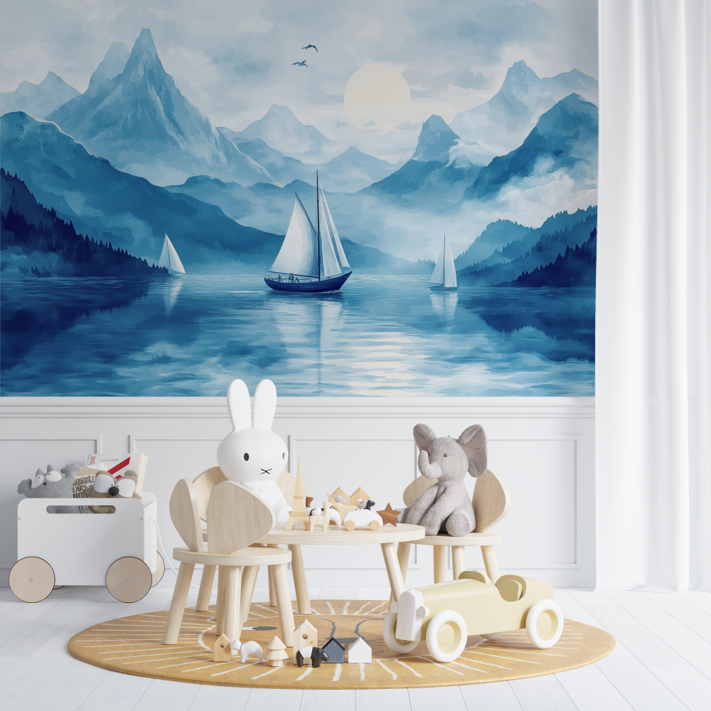 Papier peint marin voilier et montagne chambre de bebe