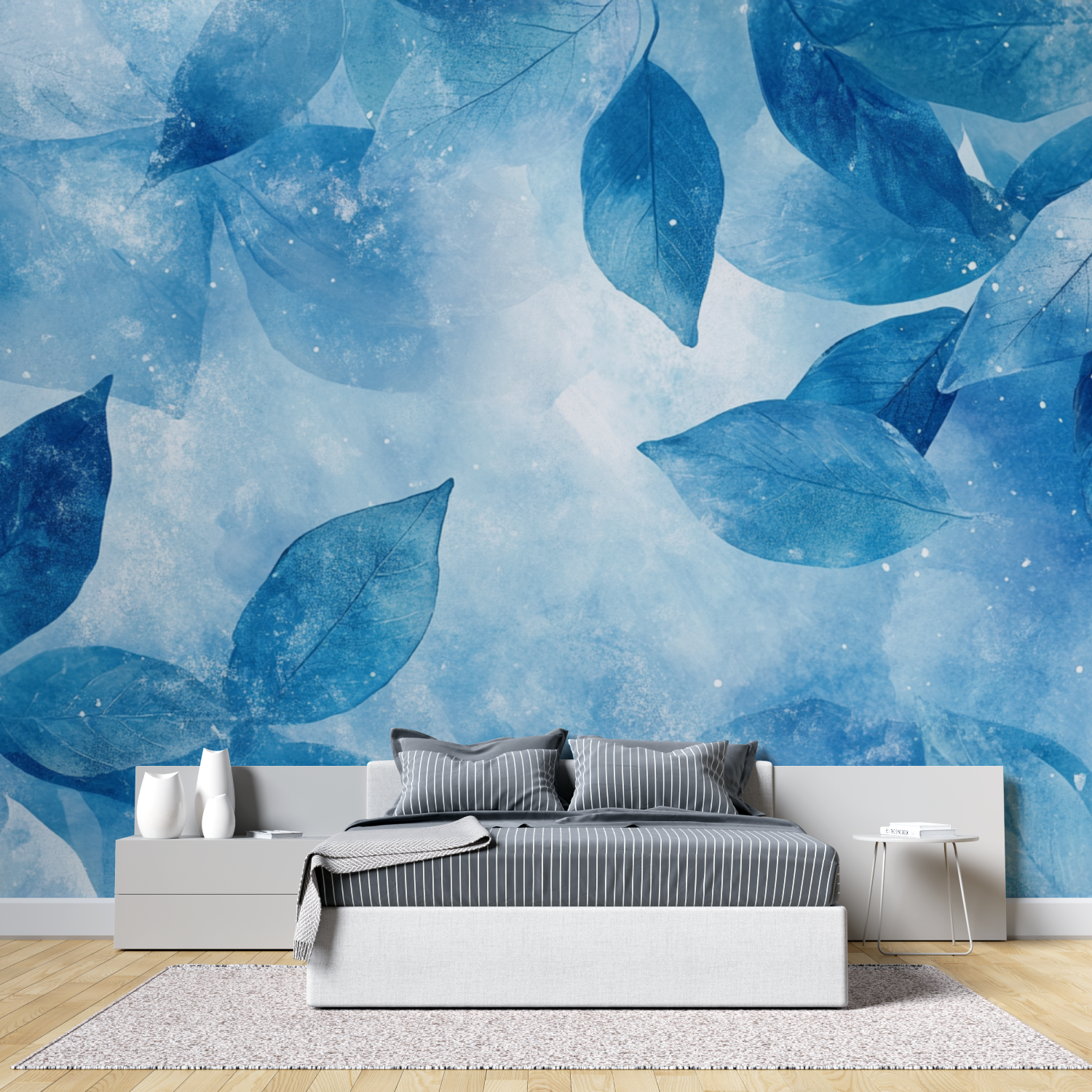 Papier peint aquarelle feuilles bleus abstraites tete de lit