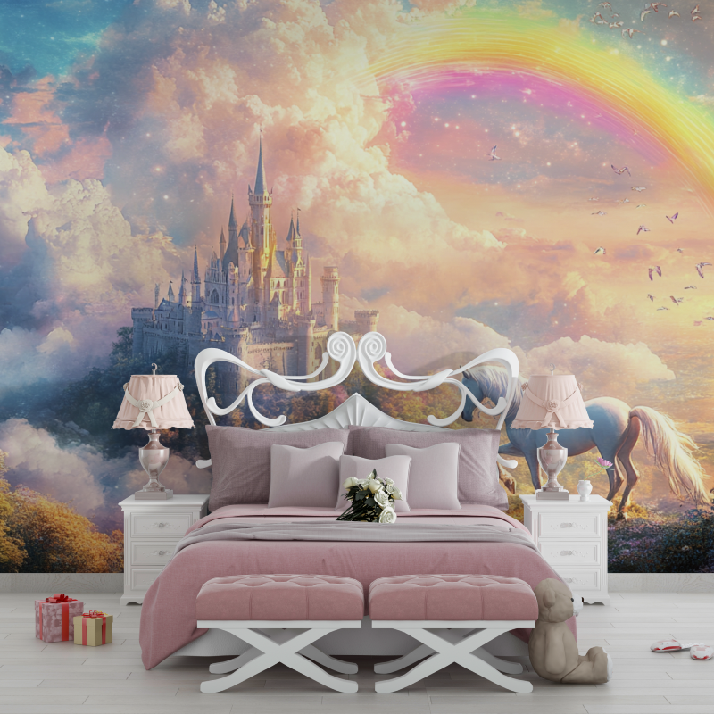 Papier peint princesse licorne et arc en ciel chambre filles