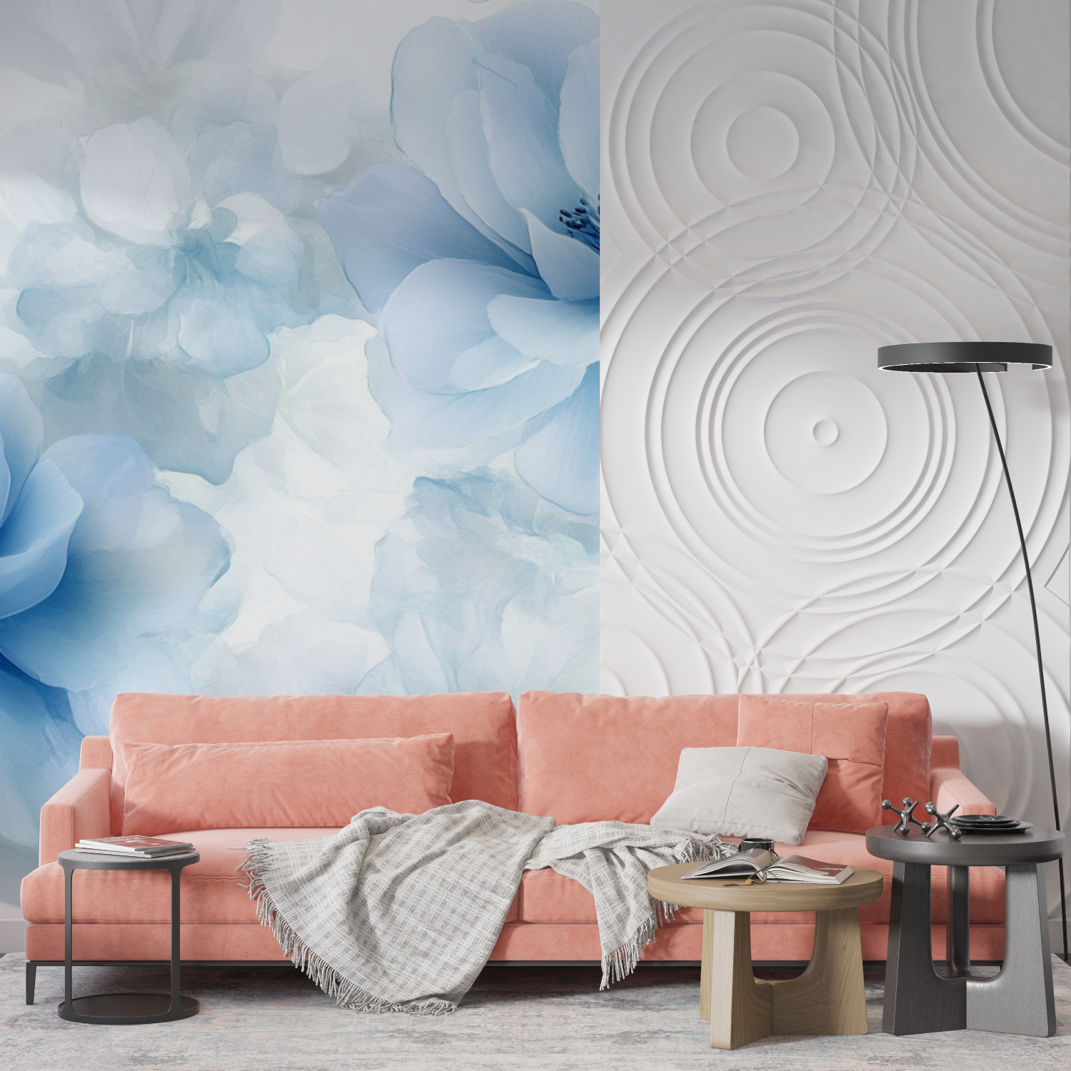 Papier peint aquarelle fleurs bleues delicates mur